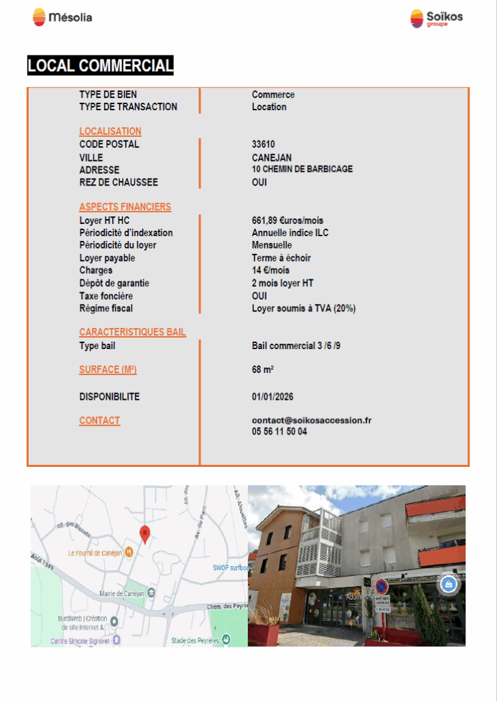FICHE DE COM LOCAL CANEJAN 68M²